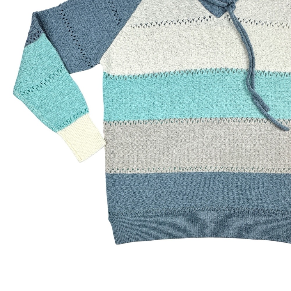 Women's Lightweight Color Block Hooded Sweater Large Knit Eyelet Pullover Soft - Picture 6 of 16
